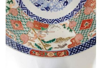 上手物　江戸期　古伊万里　色絵　山水松鶴　富士山　約56cm　1尺8寸　緻密な美しい絵付けに見惚れる大皿(尺皿、風景、和皿、和食器、一尺八寸)(R-081867)