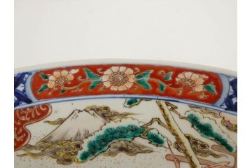 上手物　江戸期　古伊万里　色絵　山水松鶴　富士山　約56cm　1尺8寸　緻密な美しい絵付けに見惚れる大皿(尺皿、風景、和皿、和食器、一尺八寸)(R-081867)