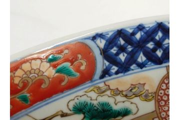 上手物　江戸期　古伊万里　色絵　山水松鶴　富士山　約56cm　1尺8寸　緻密な美しい絵付けに見惚れる大皿(尺皿、風景、和皿、和食器、一尺八寸)(R-081867)