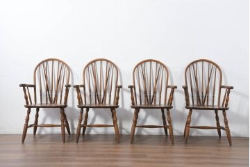 和製ビンテージ　美品　柏木工(KASHIWA)　楢(ナラ)材　挽き物加工が施された背もたれと脚が魅力的なアームチェア4脚セット(ダイニングチェア、板座チェア、イス、椅子、ヴィンテージ、バラ売り可能)(R-081918)
