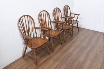 和製ビンテージ　美品　柏木工(KASHIWA)　楢(ナラ)材　挽き物加工が施された背もたれと脚が魅力的なアームチェア4脚セット(ダイニングチェア、板座チェア、イス、椅子、ヴィンテージ、バラ売り可能)(R-081918)