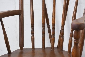 和製ビンテージ　美品　柏木工(KASHIWA)　楢(ナラ)材　挽き物加工が施された背もたれと脚が魅力的なアームチェア4脚セット(ダイニングチェア、板座チェア、イス、椅子、ヴィンテージ、バラ売り可能)(R-081918)