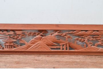 アンティーク建具　特大!! 幅263cm　松の木と風情ある風景の図柄が上質な和の空間を演出する彫刻欄間1枚(明かり取り、明り取り、らんま)(R-081960)