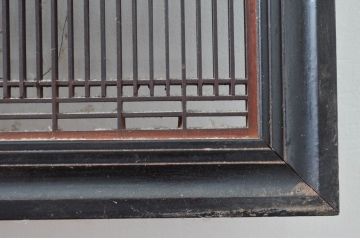 アンティーク建具　上手物!!　繊細な作りが魅力的な筬格子と凝った面取り框の大振りな欄間2枚(らんま、明り取り、明かり取り)(R-081962)