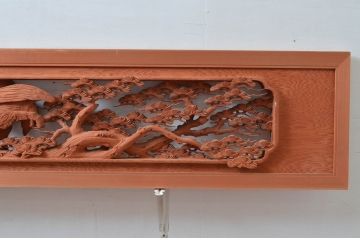 アンティーク建具　松と鷹(タカ)の図柄が見事な厚みのある両面彫刻欄間2枚セット(らんま、明かり取り、明り取り)(R-081965)