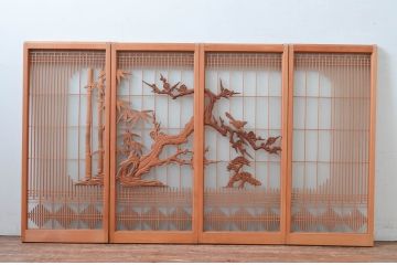 ビンテージ建具　片面ガラス　上質な和の空間を演出してくれる彫刻と組子の書院戸4枚セット(ガラス戸、引き戸、ヴィンテージ)(R-081997)