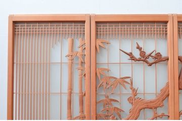 ビンテージ建具　片面ガラス　上質な和の空間を演出してくれる彫刻と組子の書院戸4枚セット(ガラス戸、引き戸、ヴィンテージ)(R-081997)
