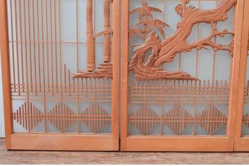 ビンテージ建具　片面ガラス　上質な和の空間を演出してくれる彫刻と組子の書院戸4枚セット(ガラス戸、引き戸、ヴィンテージ)(R-081997)