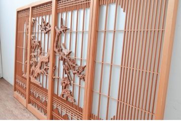 ビンテージ建具　片面ガラス　上質な和の空間を演出してくれる彫刻と組子の書院戸4枚セット(ガラス戸、引き戸、ヴィンテージ)(R-081997)