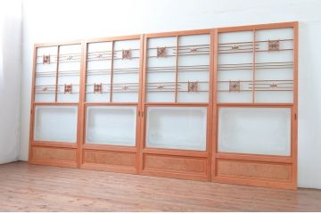 ビンテージ建具　和風レトロな雰囲気漂うガラス戸4枚セット(引き戸、ヴィンテージ)(R-081998)