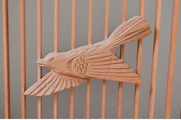 ビンテージ建具　片面ガラス　竹に雀の彫刻入り筬欄間1枚(格子欄間、おさらんま、オサランマ、明り取り、明かり取り、ヴィンテージ)(R-082006)