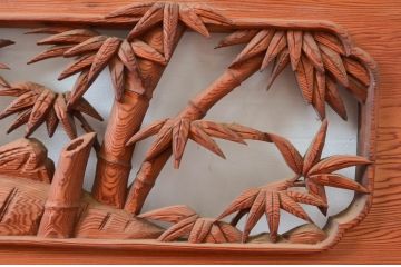 アンティーク建具　希少デザイン　竹に虎の図の両面彫刻欄間2枚セット(明かり取り、明り取り、ランマ)(R-082008)