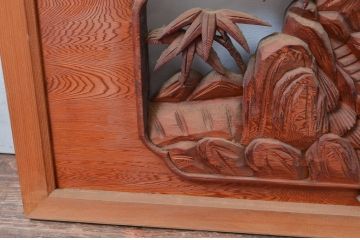 アンティーク建具　希少デザイン　竹に虎の図の両面彫刻欄間2枚セット(明かり取り、明り取り、ランマ)(R-082008)