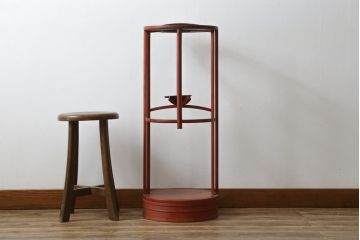 和製アンティーク　根来塗りが美しく和の雰囲気を醸し出す行灯(丸行灯、行燈、照明、スタンド)(R-082059)