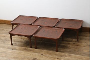 時代物　博古堂　鎌倉彫　蜻蛉の図　高足膳　深みのある風合いが美しいお膳5客セット(御膳、木製、漆器、漆芸、脚付き、共箱付)(R-082064)