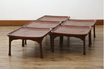 時代物　博古堂　鎌倉彫　蜻蛉の図　高足膳　深みのある風合いが美しいお膳5客セット(御膳、木製、漆器、漆芸、脚付き、共箱付)(R-082064)