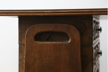 フランスビンテージ　珍品　希少　オーク材　サイドテーブルとしても使える彫刻入りソーイングボックス(針箱、裁縫箱、チェスト、小引き出し、ヴィンテージ)(R-082067)