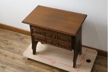 フランスビンテージ　珍品　希少　オーク材　サイドテーブルとしても使える彫刻入りソーイングボックス(針箱、裁縫箱、チェスト、小引き出し、ヴィンテージ)(R-082067)