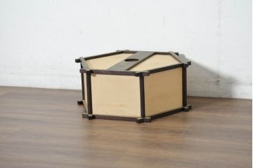 和製ビンテージ　欅(ケヤキ)材　民芸　六角行燈(あんどん)の天井照明シェード(ランプシェード、ペンダントライト、吊り下げ照明、ヴィンテージ)(R-082086)