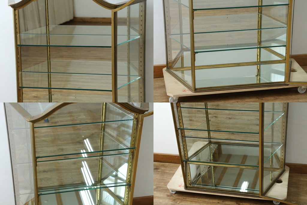 フランスアンティーク　高級品　真鍮(しんちゅう)フレーム　曲げガラス天板のおしゃれなガラスケース　(R-082104)