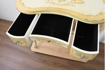 イタリアビンテージ　ハンドペイント　ロココ調　キドニーデザイン　空間に柔らかな印象を与えるドレッサーとスツールのセット(化粧台、鏡台、ミラー、イス、椅子、ヴィンテージ)(R-082106)