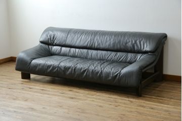 中古　美品　国産職人手作り　アサヒ木工　本革(一部合皮)　安らぎの空間を演出する3人掛けソファ(トリプルソファ、3Pソファ、三人掛け、レザー)(定価約25万円)(R-082110)