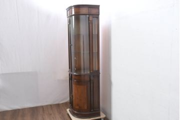 中古　美品　曲げガラス　気品あふれる繊細な象嵌入りの縦型コーナーキャビネット(曲面ガラス、Rガラス、コーナーラック、飾り棚、収納棚、戸棚、カップボード、ディスプレイケース、コレクションケース)(定価約40万円)(R-082135)