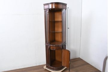 中古　美品　曲げガラス　気品あふれる繊細な象嵌入りの縦型コーナーキャビネット(曲面ガラス、Rガラス、コーナーラック、飾り棚、収納棚、戸棚、カップボード、ディスプレイケース、コレクションケース)(定価約40万円)(R-082135)