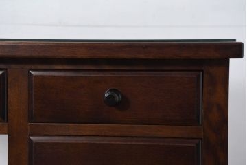 中古　美品　樺(カバ)材　国産　職人手造り　民芸家具　可愛らしいデザインが魅力のガラス天板付き片袖机(片袖デスク、ワークデスク、在宅用、在宅ワーク用、ガラストップ)(R-082145)