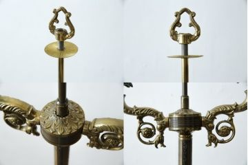 イタリアビンテージ　高級品　2灯　真鍮(しんちゅう)フレーム　凝った作りの上品なフロアスタンド(スタンドライト、スタンド照明、シェードライト、布シェード、ヴィンテージ)(R-082166)