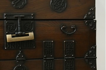 韓国アンティーク　希少な縦型　重厚な雰囲気あふれる2段作りの李朝バンダチ(バンダジ、半閉櫃、李朝箪笥、時代箪笥、収納箪笥、サイドキャビネット)(R-082179)