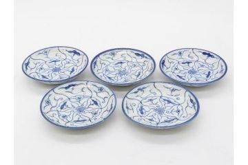 江戸〜明治期　古伊万里　染付　なずな文　約11cm　3.5寸　流れるような花の絵付けが可愛らしい小皿5枚セット(和皿、和食器、裏印、三寸五分)(R-082194)