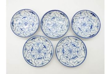 江戸〜明治期　古伊万里　染付　なずな文　約11cm　3.5寸　流れるような花の絵付けが可愛らしい小皿5枚セット(和皿、和食器、裏印、三寸五分)(R-082194)