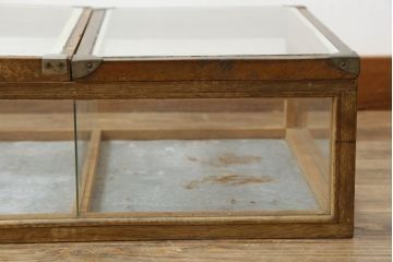 和製アンティーク　レトロな雰囲気を醸し出す木枠の卓上平置きガラスケース(Gケース、ショーケース、ディスプレイケース、コレクションケース、飾り棚、陳列棚、店舗什器、駄菓子屋)(R-082199)