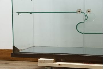 和製アンティーク　希少デザイン　S字ガラス棚のデザインがおしゃれな両開き卓上ガラスケース(Gケース、ショーケース、ディスプレイケース、コレクションケース、キャビネット、飾り棚、陳列棚、店舗什器)(R-082215)