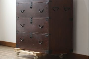 和製アンティーク　四丁引き　総桐(キリ)材　趣のある佇まいが魅力的な関西時代箪笥(和たんす、衣装タンス、収納箪笥、整理箪笥、引き出し、サイドチェスト)(R-082216)