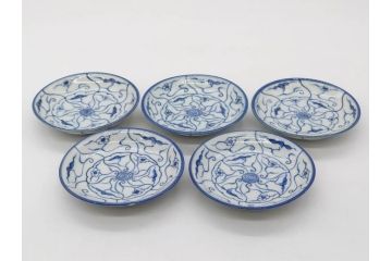 江戸〜明治期　古伊万里　染付　なずな文　約11cm　3.5寸　上品な雰囲気の小皿5枚セット(和皿、和食器、裏印、三寸五分)(R-082231)