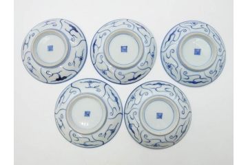 江戸〜明治期　古伊万里　染付　なずな文　約11cm　3.5寸　穏やかな雰囲気の小皿5枚セット(和皿、和食器、裏印、三寸五分)(R-082232)