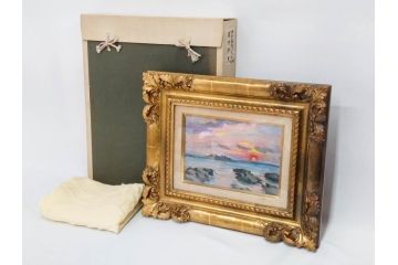 【真作】　昭和64年(1989年)　武内和夫　「昭和最後の日の出」　SM　絵画(油彩、油絵、風景、額装、外箱付)(R-082233)