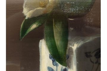 【真作】　渡辺三郎　「伊万里とわびすけ」　SM　絵画(油彩、油絵、花、花瓶、静物画、サイン入り、額装、外箱付)(R-082234)