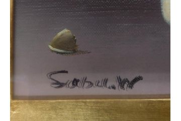 【真作】　渡辺三郎　「伊万里とわびすけ」　SM　絵画(油彩、油絵、花、花瓶、静物画、サイン入り、額装、外箱付)(R-082234)