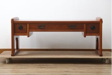 中古　美品　松本伝統　指物工芸家具　総欅(ケヤキ)材　漆塗り　落ち着いた雰囲気の上質な文机(両袖机、座机、ローテーブル、ワークデスク、在宅用、在宅ワーク用)(定価約30万円)(R-082251)