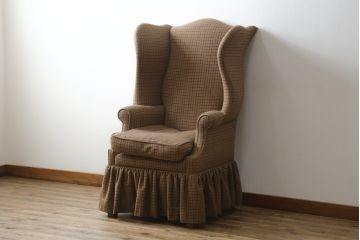 中古　希少!!　ラルフローレン(Ralph Lauren)　落ち着いた色味のチェック柄がおしゃれなウィングバックソファ(色褪せあり、ウイングバック、椅子、イス、アームチェア、イージーチェア、1P、一人掛け、1人掛けソファ)(R-082256)