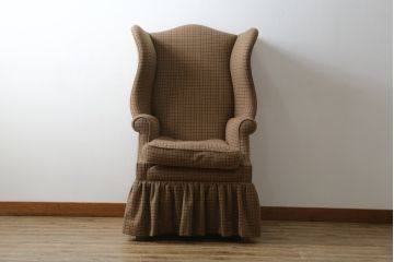 中古　希少!!　ラルフローレン(Ralph Lauren)　落ち着いた色味のチェック柄がおしゃれなウィングバックソファ(色褪せあり、ウイングバック、椅子、イス、アームチェア、イージーチェア、1P、一人掛け、1人掛けソファ)(R-082256)