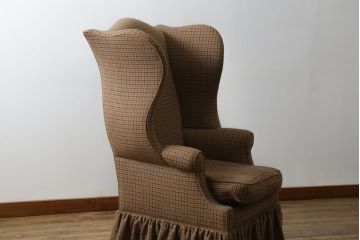 中古　希少!!　ラルフローレン(Ralph Lauren)　落ち着いた色味のチェック柄がおしゃれなウィングバックソファ(色褪せあり、ウイングバック、椅子、イス、アームチェア、イージーチェア、1P、一人掛け、1人掛けソファ)(R-082256)