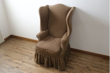 中古　希少!!　ラルフローレン(Ralph Lauren)　落ち着いた色味のチェック柄がおしゃれなウィングバックソファ(色褪せあり、ウイングバック、椅子、イス、アームチェア、イージーチェア、1P、一人掛け、1人掛けソファ)(R-082256)
