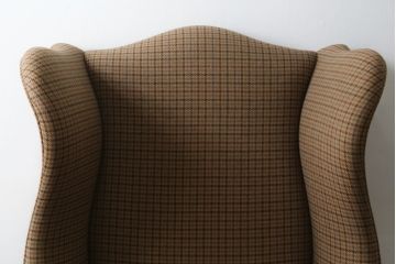 中古　希少!!　ラルフローレン(Ralph Lauren)　落ち着いた色味のチェック柄がおしゃれなウィングバックソファ(色褪せあり、ウイングバック、椅子、イス、アームチェア、イージーチェア、1P、一人掛け、1人掛けソファ)(R-082256)