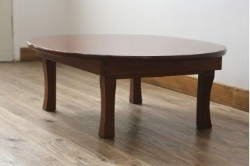 和製アンティーク　美品　総欅(ケヤキ)材　天板一枚板　漆塗り　懐かしさ漂うオーバル型ちゃぶ台(ローテーブル、丸型ちゃぶ台、センターテーブル、リビングテーブル、折りたたみ、折り畳み、座卓)(R-082258)