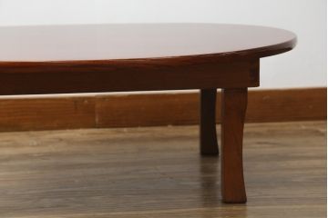 和製アンティーク　美品　総欅(ケヤキ)材　天板一枚板　漆塗り　懐かしさ漂うオーバル型ちゃぶ台(ローテーブル、丸型ちゃぶ台、センターテーブル、リビングテーブル、折りたたみ、折り畳み、座卓)(R-082258)