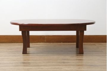 和製アンティーク　美品　総欅(ケヤキ)材　天板一枚板　漆塗り　懐かしさ漂うオーバル型ちゃぶ台(ローテーブル、丸型ちゃぶ台、センターテーブル、リビングテーブル、折りたたみ、折り畳み、座卓)(R-082258)